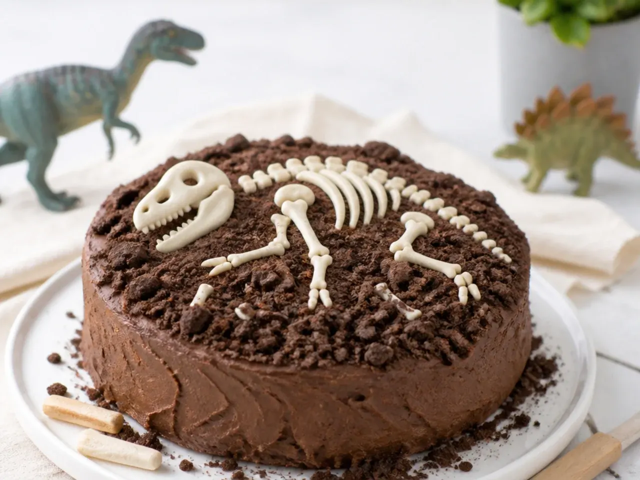 Rustic mini dinosaur cake fossil dig with cookie crumb dirt and white chocolate bones