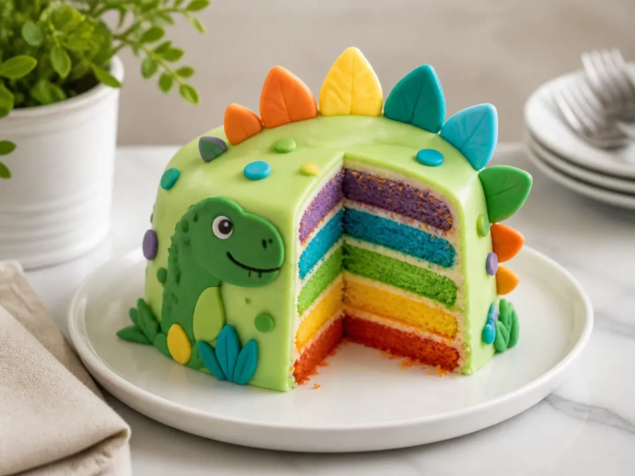 Colourful mini dinosaur cake sliced open to reveal rainbow layers