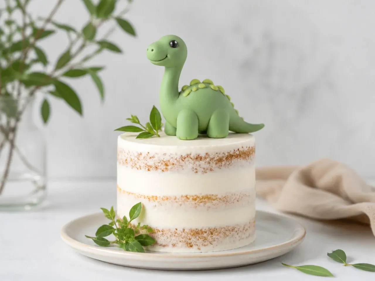 Minimal semi-naked mini dinosaur cake with single fondant dinosaur on top