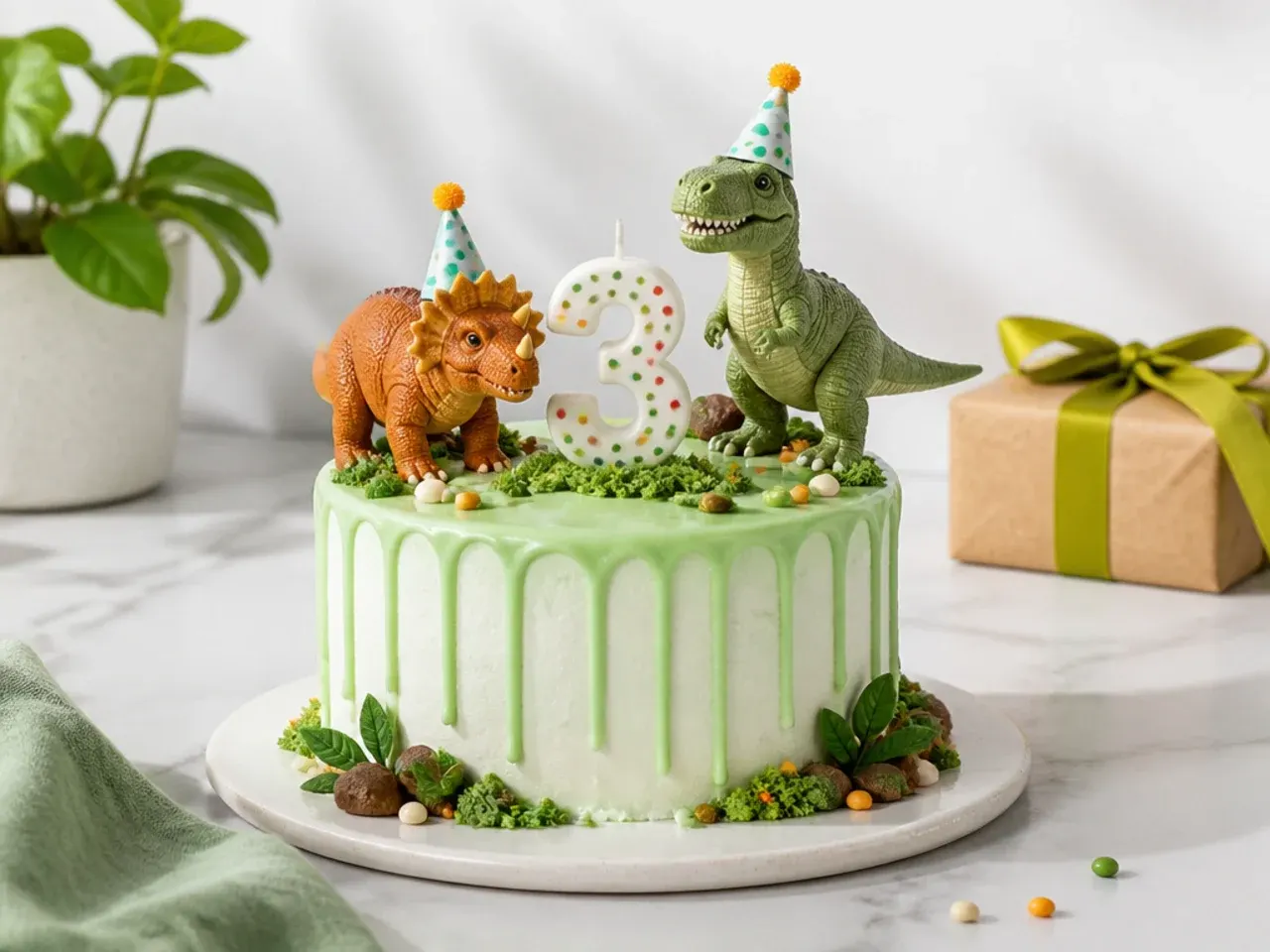 Festive mini dinosaur cake with party hat dinosaurs and number candle