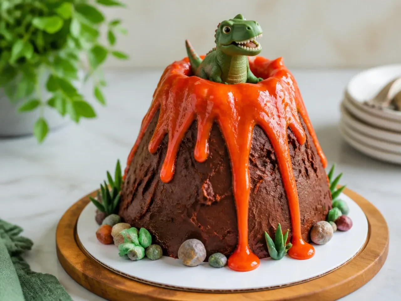 Whimsical mini dinosaur volcano cake with dripping candy melt lava