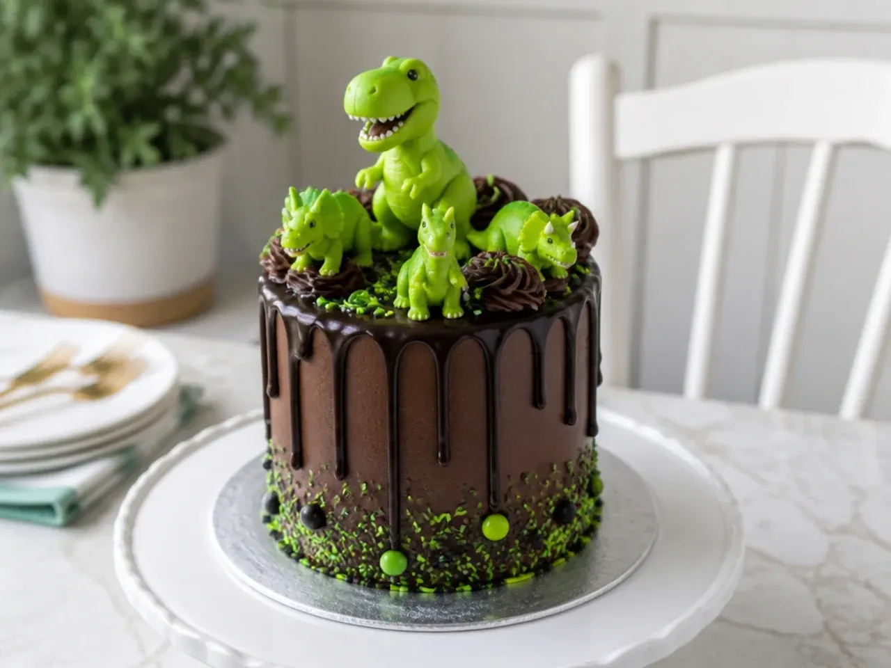 Bold mini dinosaur drip cake with dark ganache and neon green dinosaurs