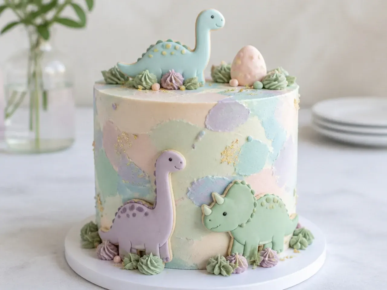 Delicate pastel watercolour mini dinosaur cake with soft blended buttercream