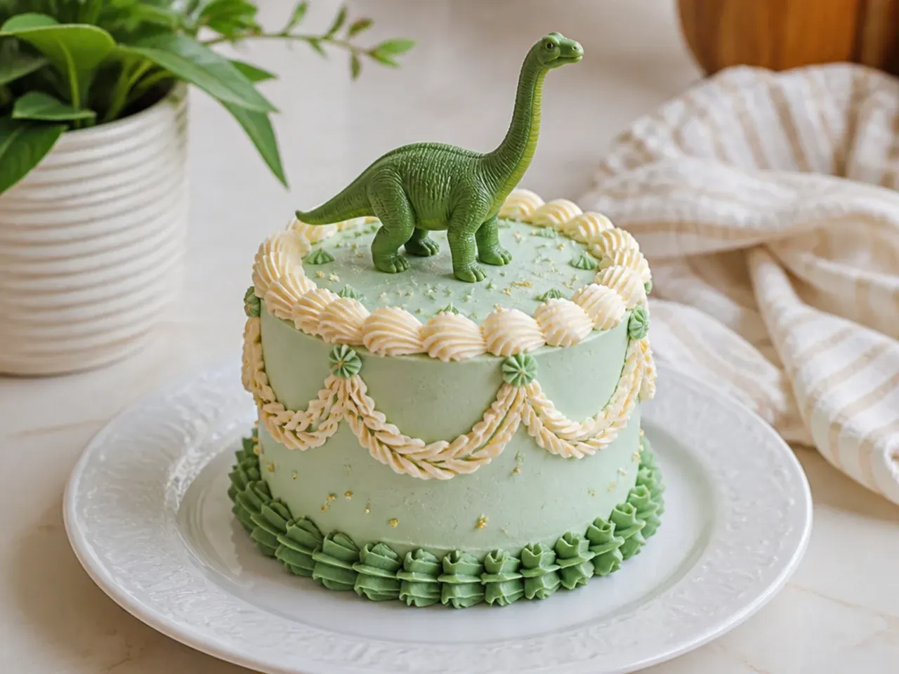 Vintage style mini dinosaur cake with piped shell borders and swags