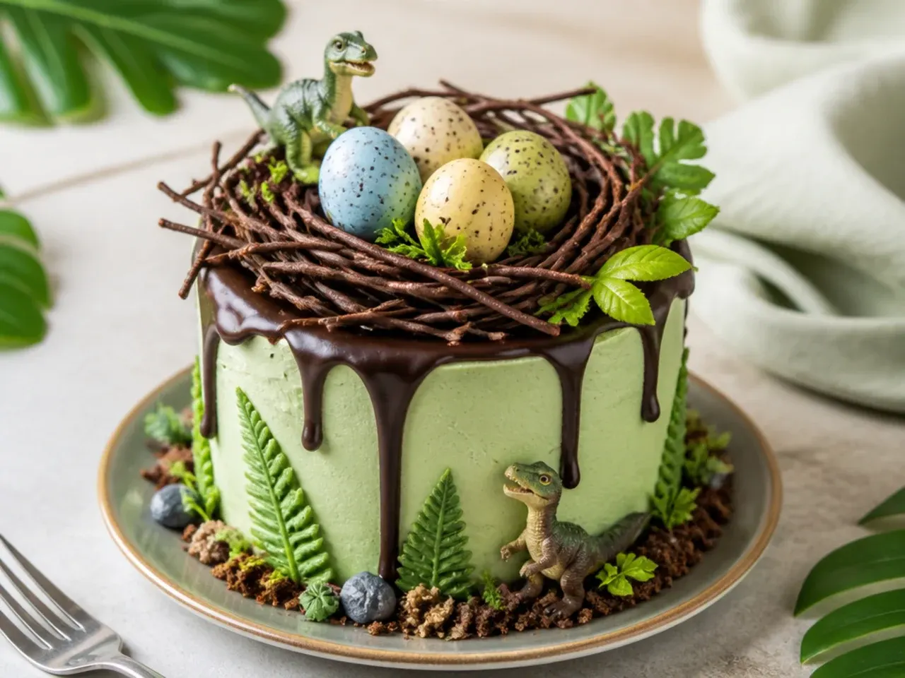 Creative mini dinosaur egg nest cake with speckled chocolate eggs