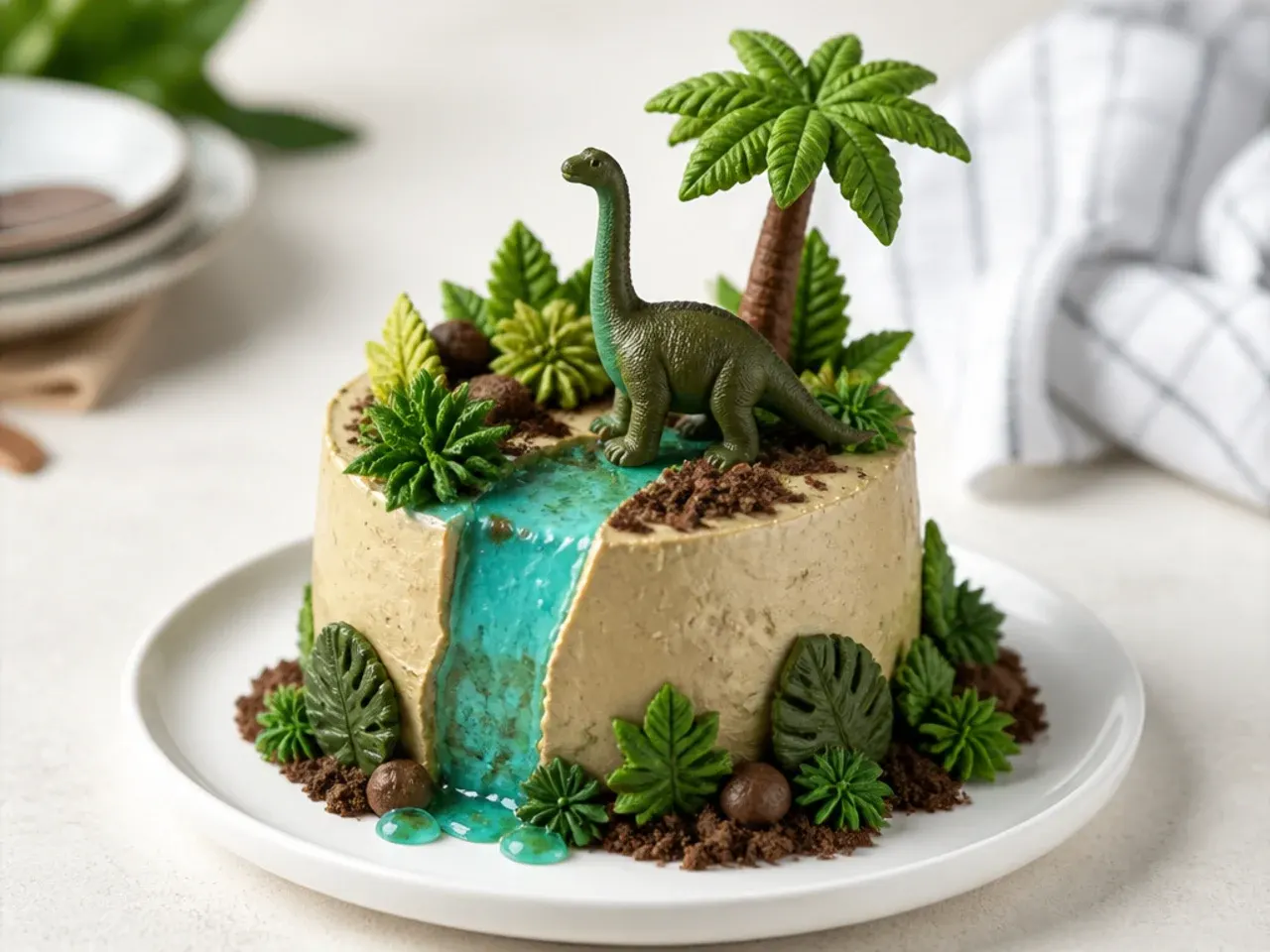Charming mini dinosaur jungle cake with piped palm leaves and blue river