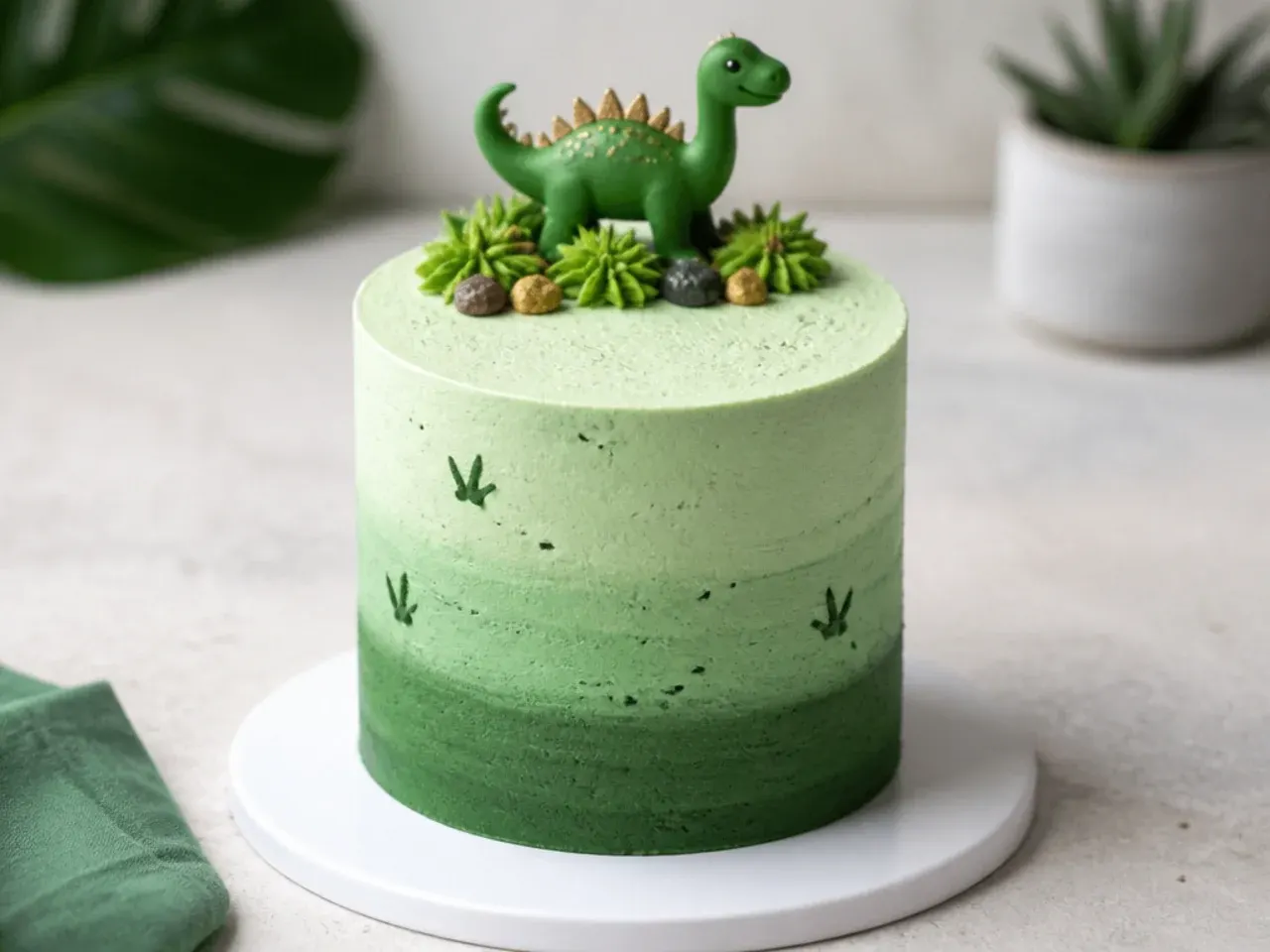 Two-tone green ombre mini dinosaur cake with blended buttercream gradient