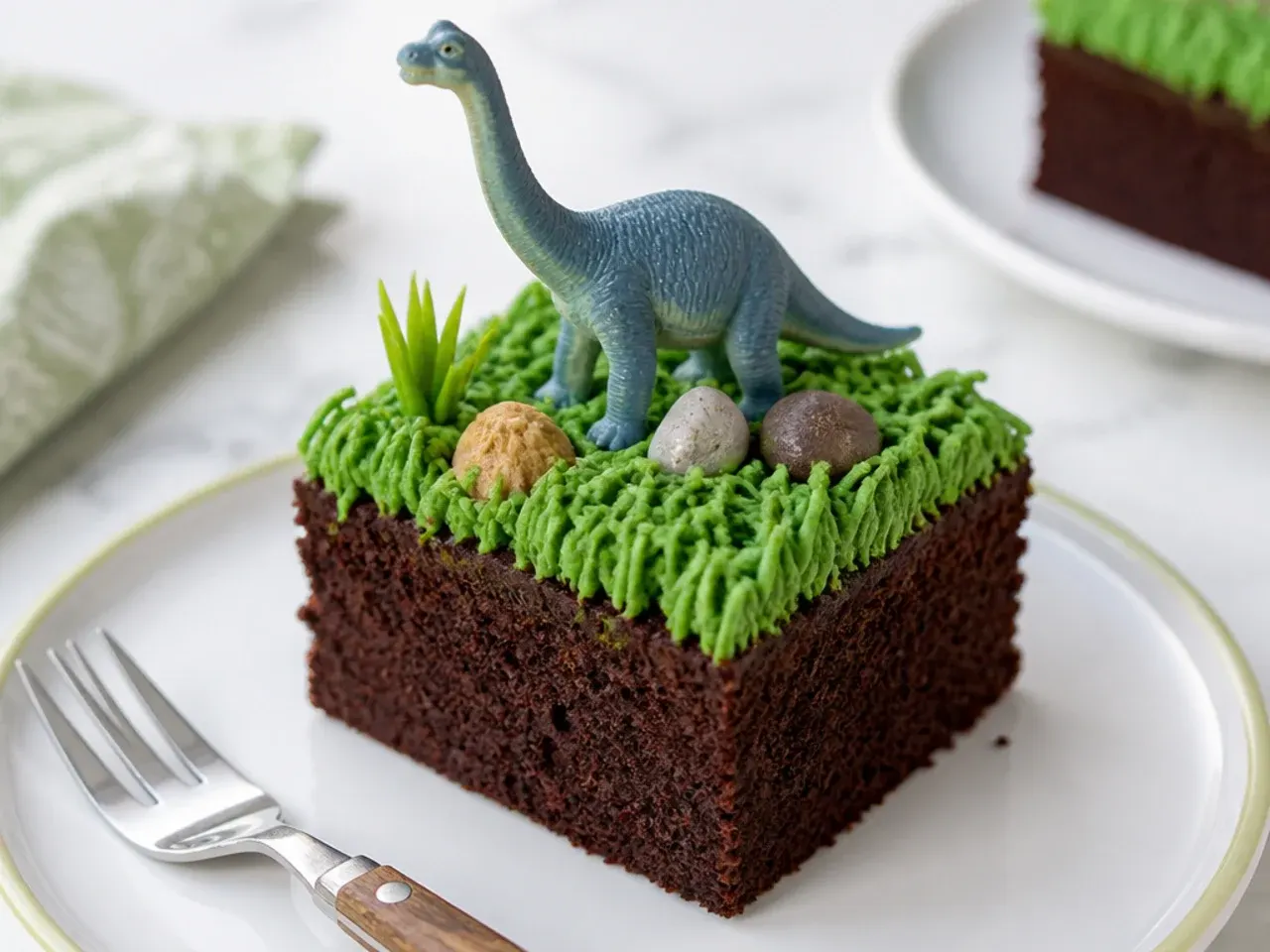 Individual mini dinosaur cakes cut from a sheet cake with assorted toppers