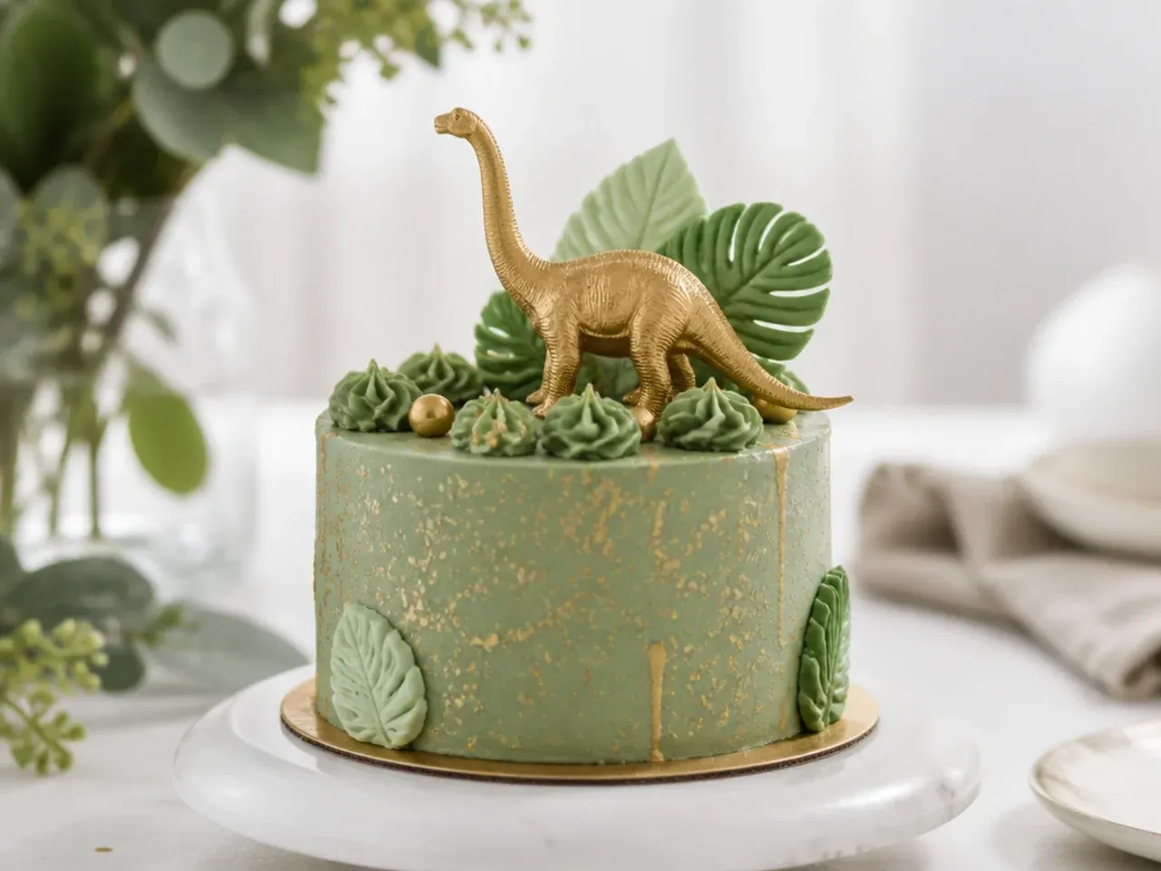 Elegant sage green mini dinosaur cake with gold splatter and gilded dinosaur