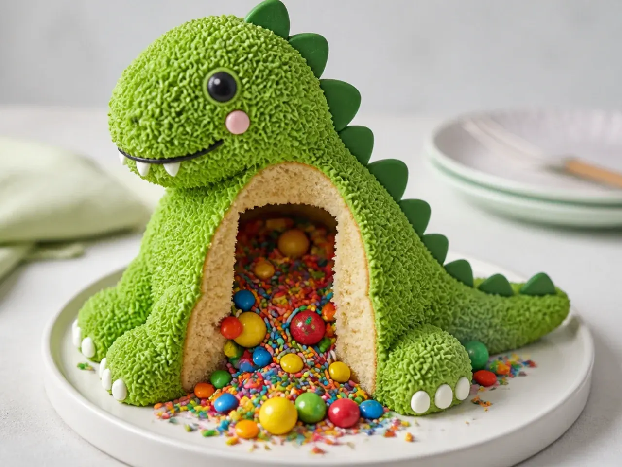 Mini dinosaur pinata cake cut open with candy and sprinkles spilling out