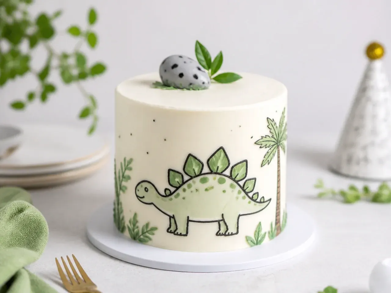 Modern hand-painted line art mini dinosaur cake on white buttercream