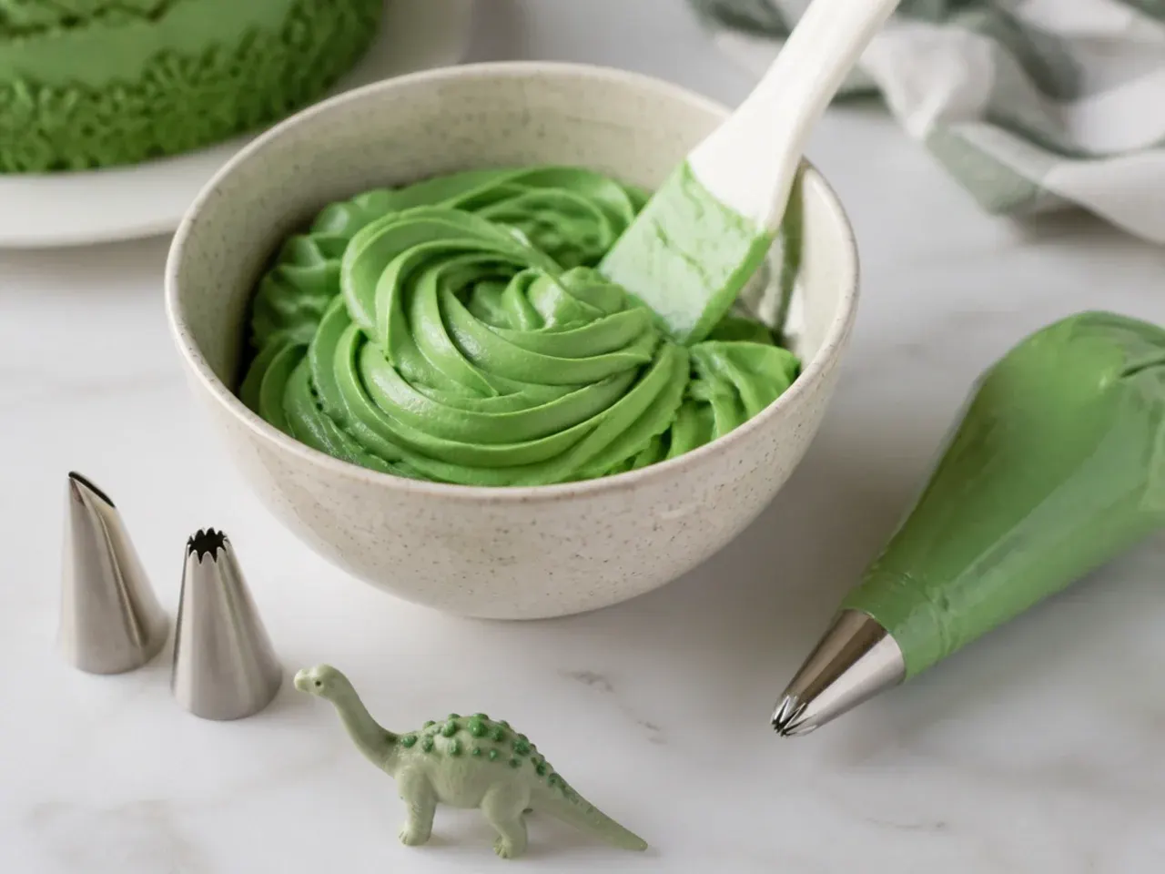 Decorating tools and green buttercream prepared for a mini dinosaur cake