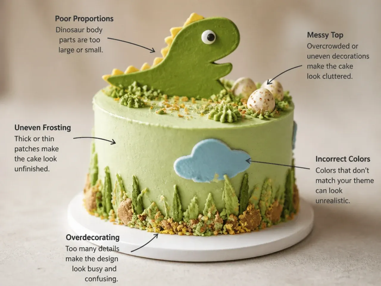 Common mini dinosaur cake decorating mistakes shown on a practice cake