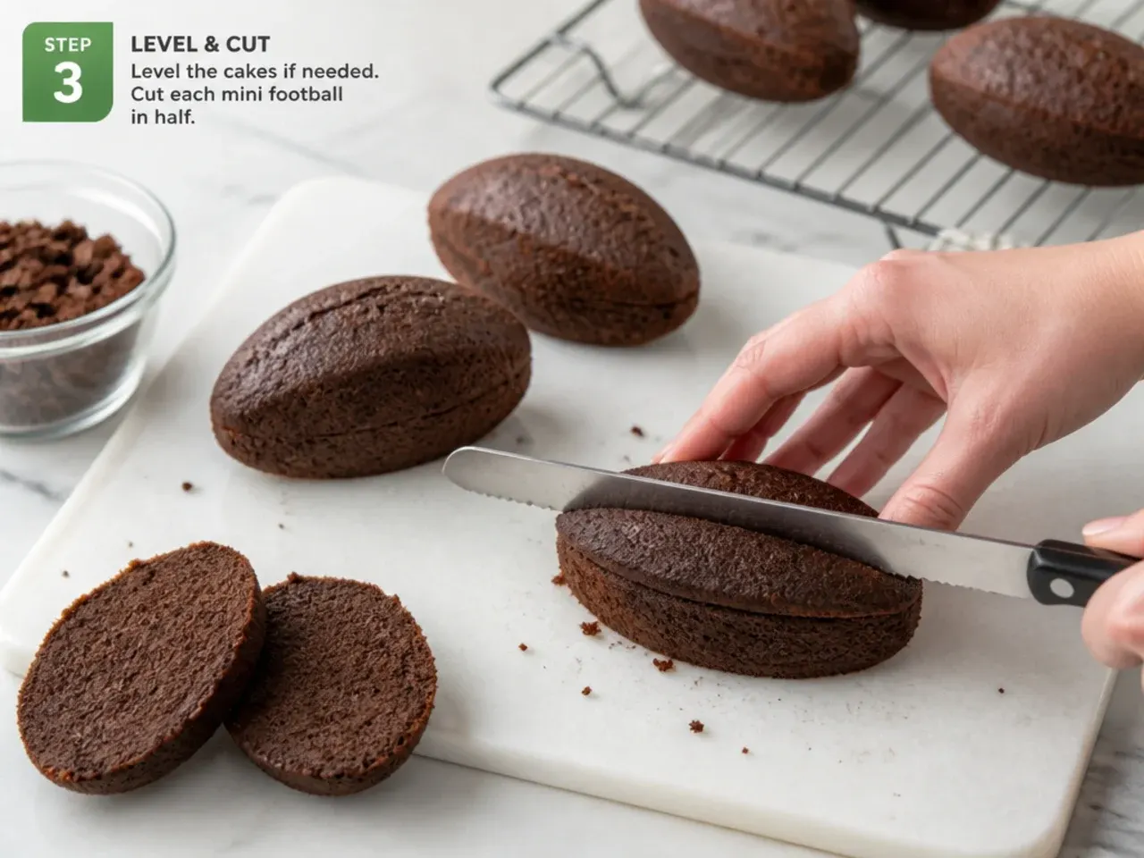 mini football cake — step 3: level and cut the mini footballs