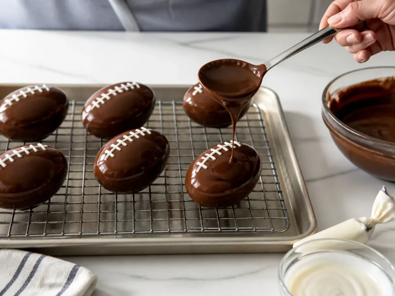 mini football cake — step 6: glaze the mini footballs