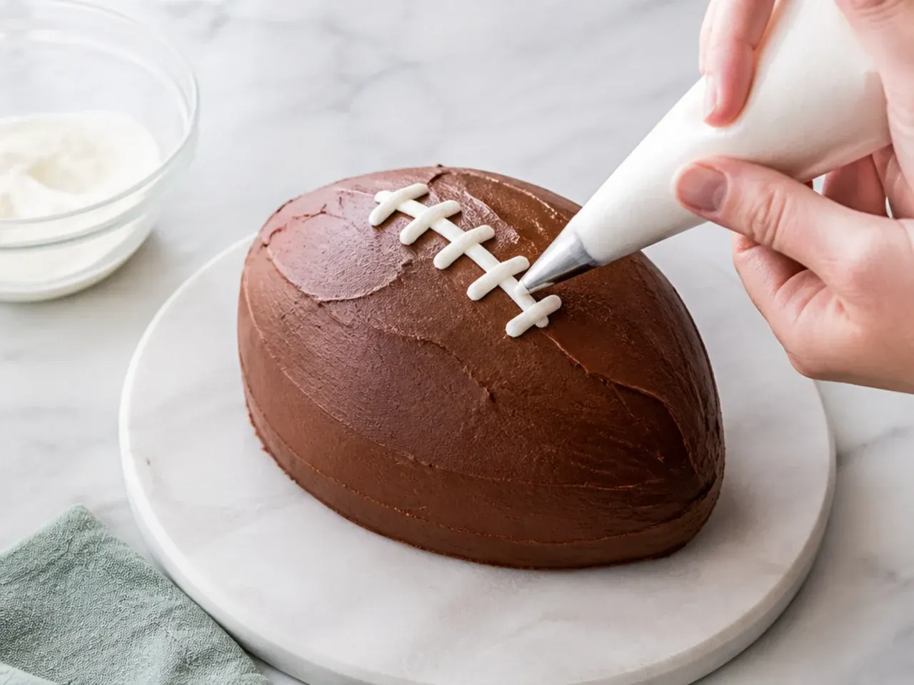 mini football cake — step 7: pipe the white laces