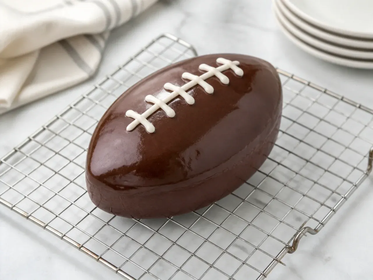 Glossy chocolate-glazed mini football cake with white piped laces on a wire rack