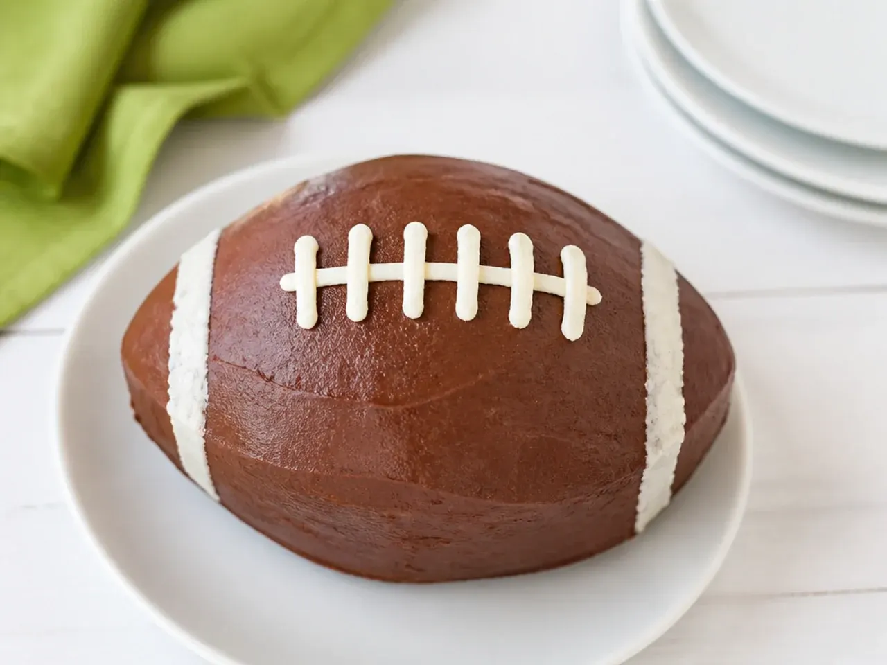 Easy buttercream mini football cake with zip-bag piped white laces
