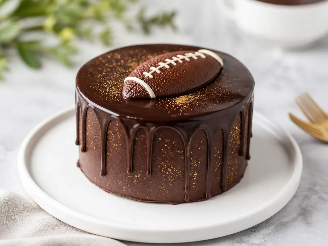 Elegant dark ganache drip mini football cake with thin white laces and gold dust