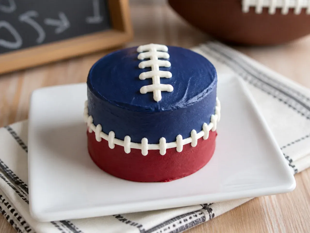 Playful team-color buttercream mini football cakes in two contrasting shades