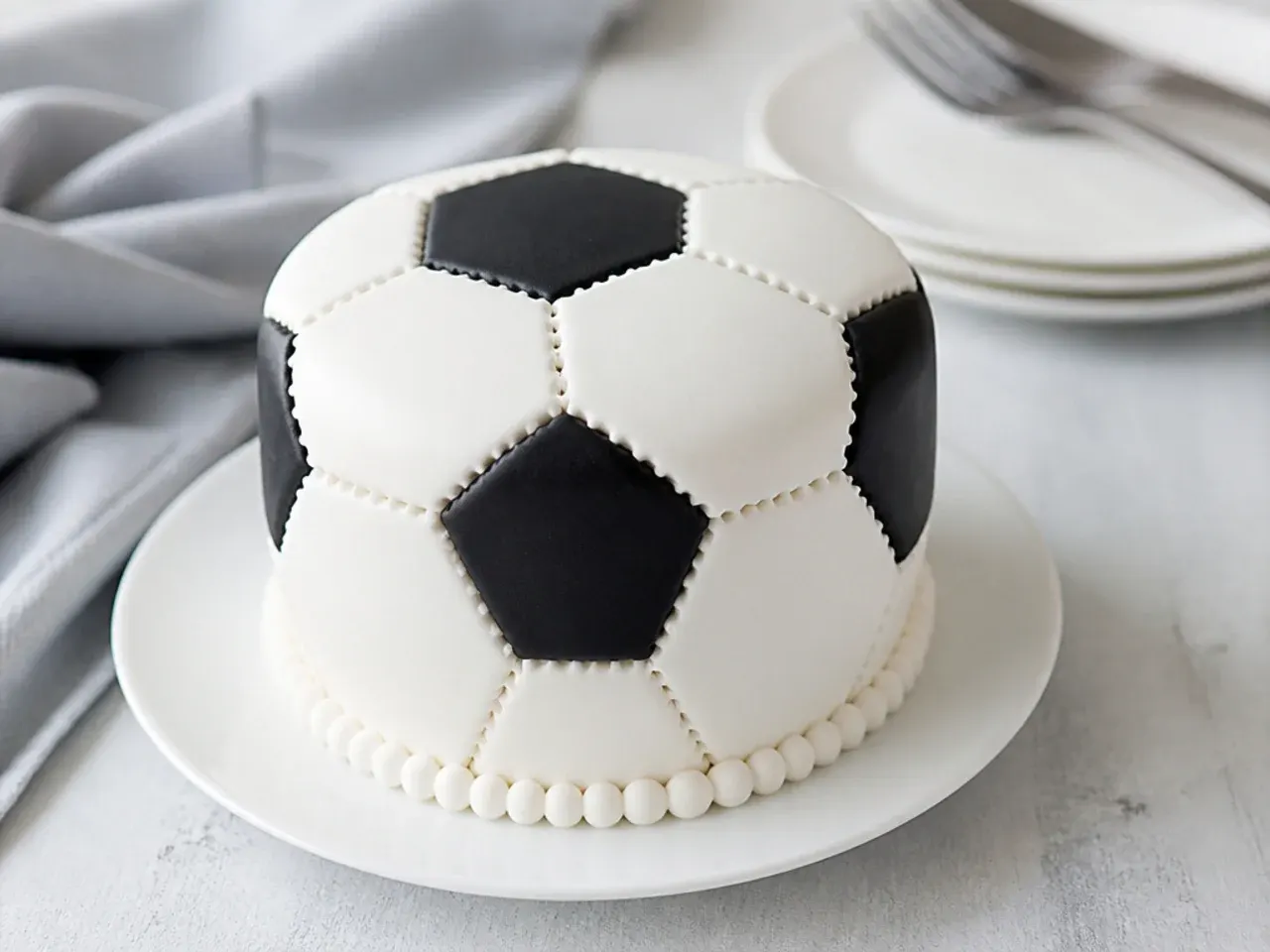 Modern geometric fondant-panel mini football cake with clean seam and dot detail