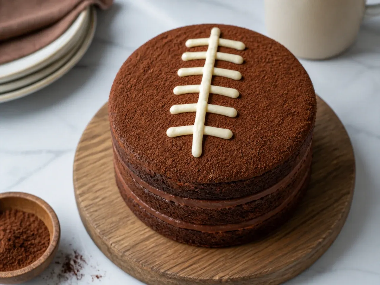 Rustic cocoa-dusted naked mini football cake with ivory laces on a wooden board