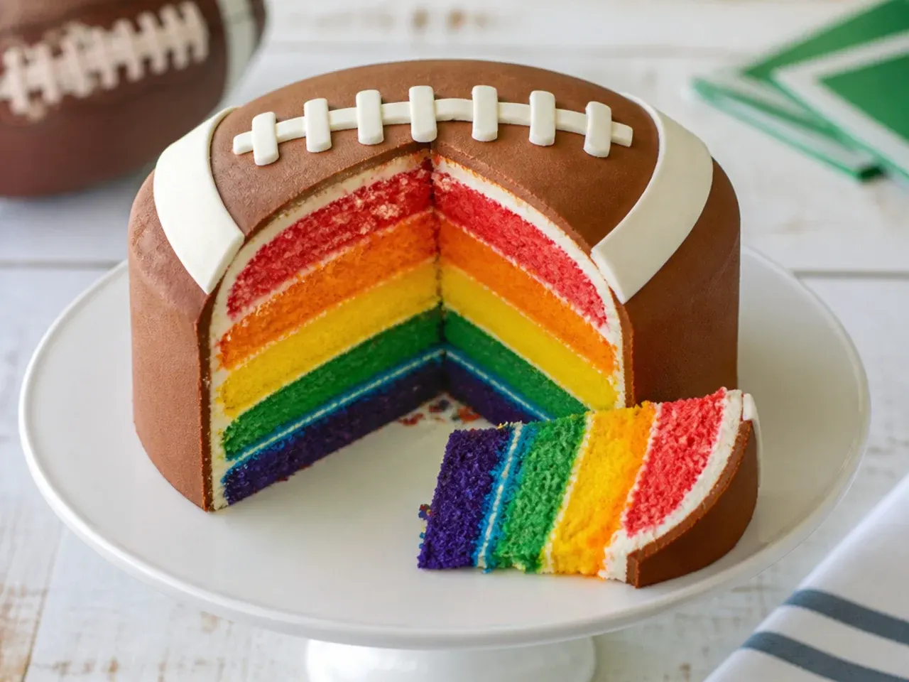 Colorful rainbow-layer mini football cake sliced to reveal bright interior stripes