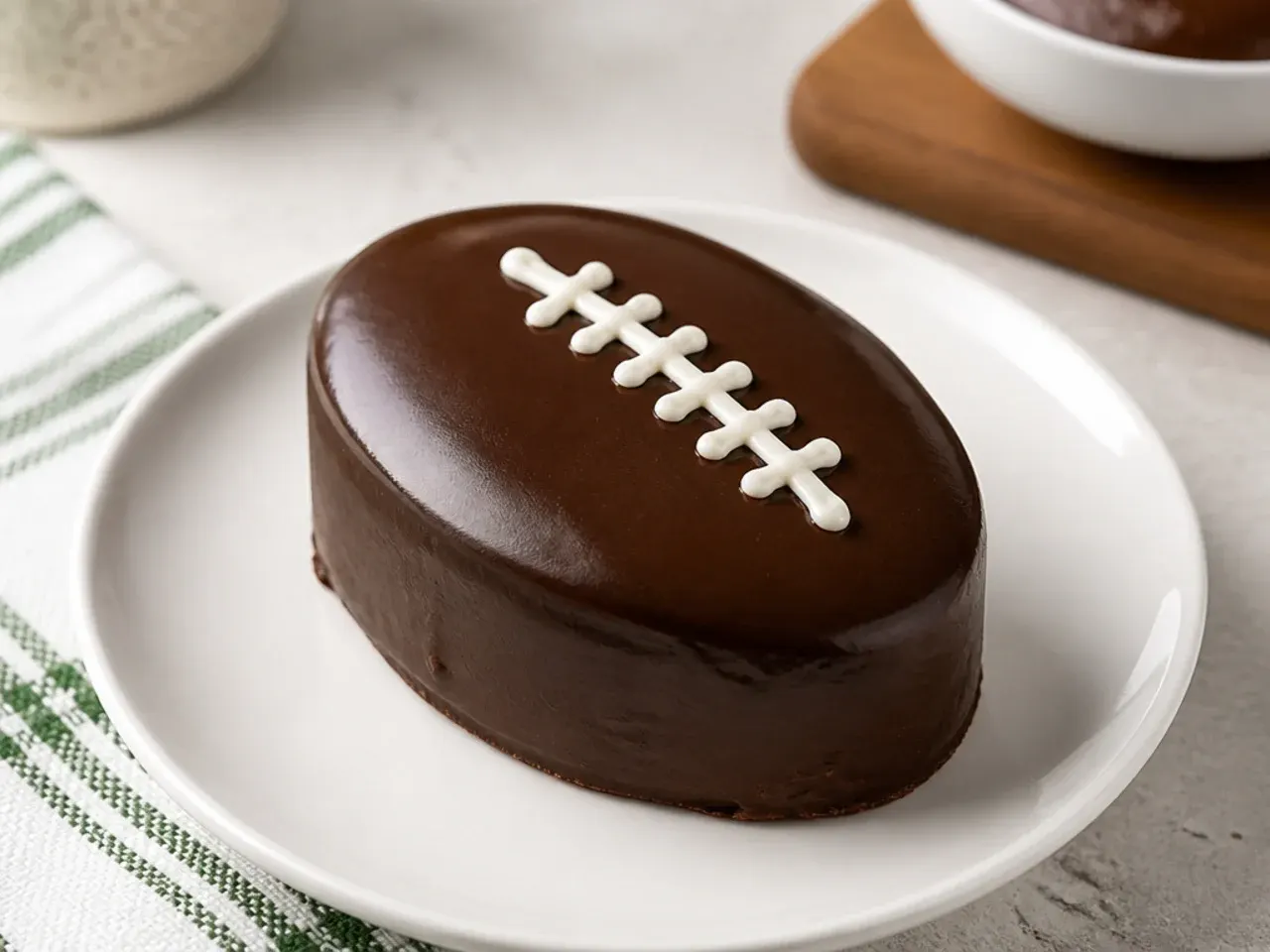 Minimal mini football cake with a single clean white lace line on glossy chocolate