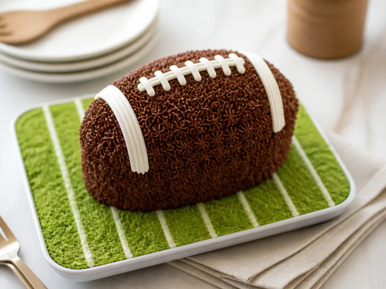 Festive mini football cake sitting on green coconut grass with white yard lines