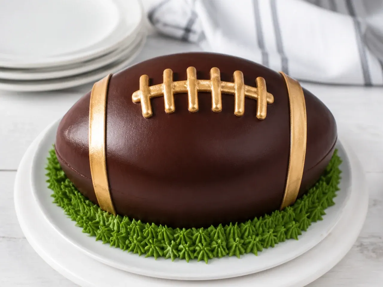 Bold mini football cake with gold-accented laces and metallic seam on dark chocolate