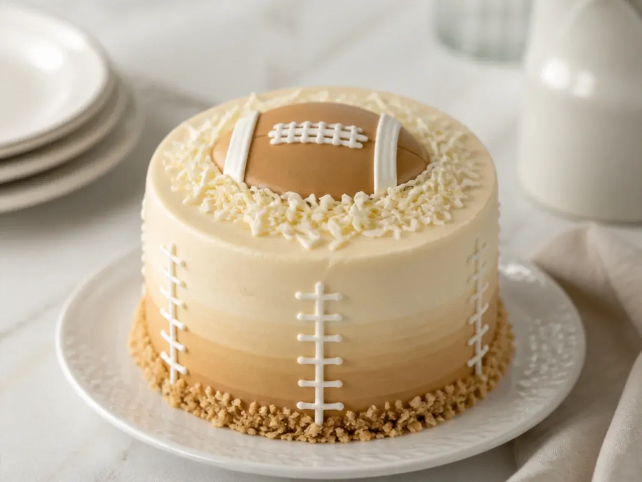 Delicate white-chocolate ombre mini football cake in cream and tan tones