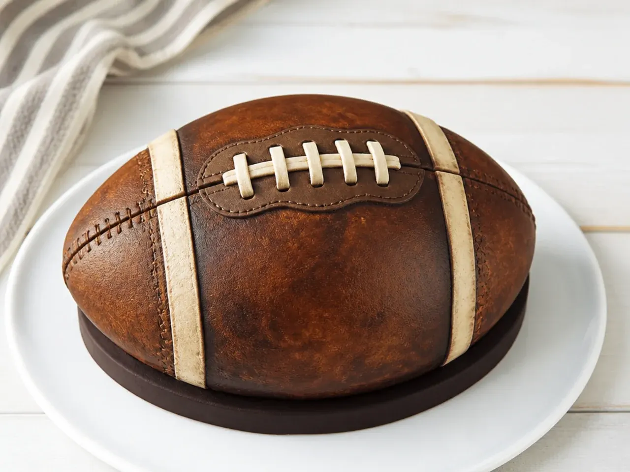 Vintage leather-stitch fondant mini football cake with tooled seams and aged texture