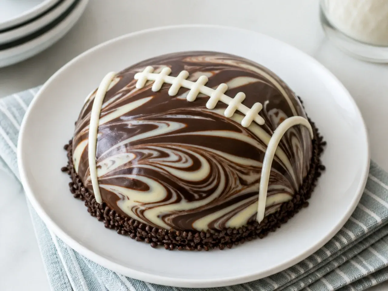 Creative marbled chocolate-swirl mini football cake with dark and white glaze pattern