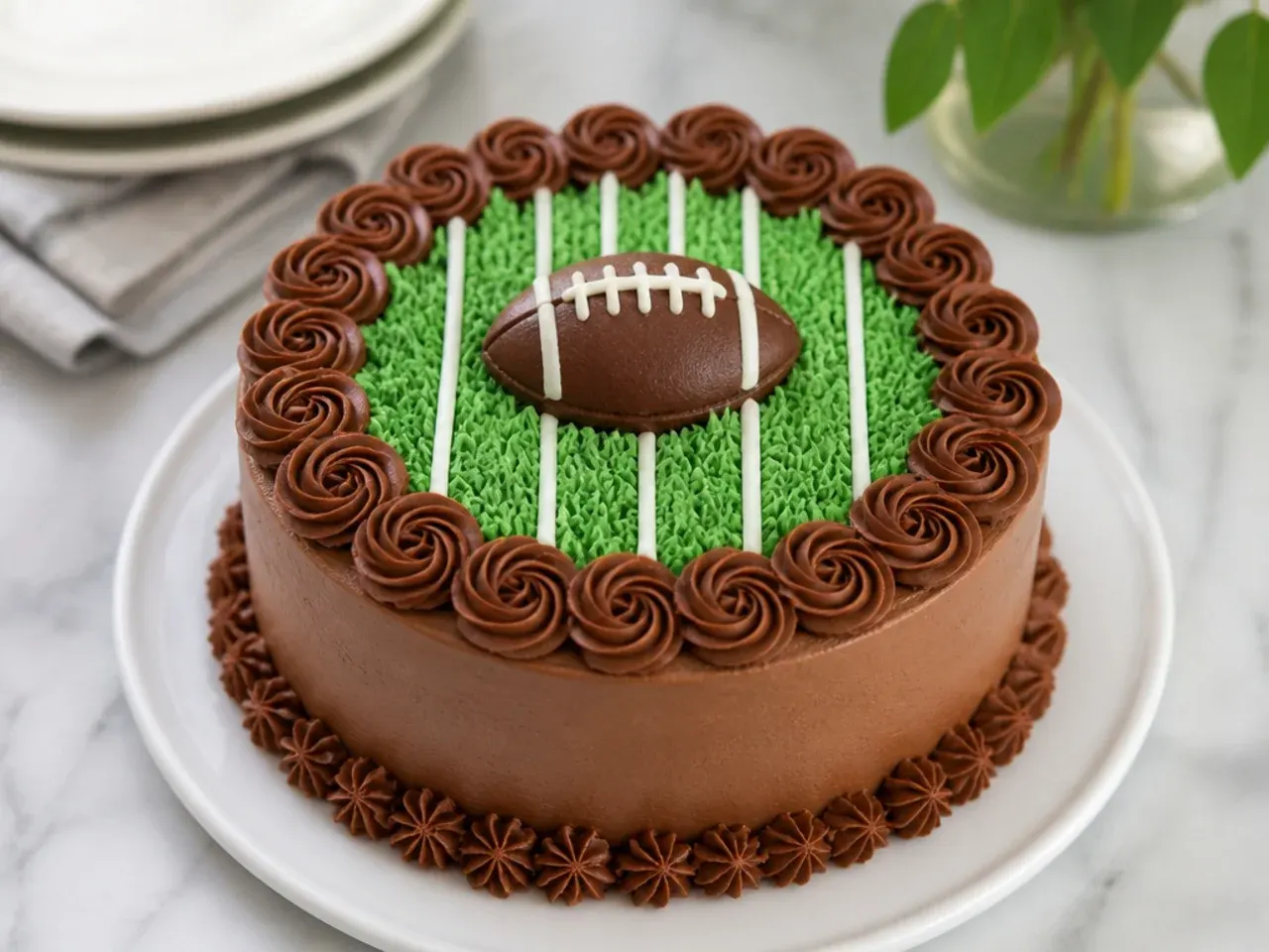 Charming mini football cake surrounded by a border of piped buttercream rosettes