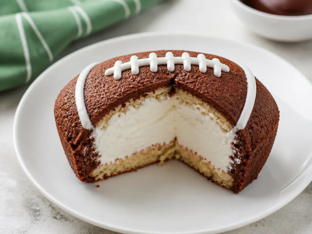 Classic cream-filled mini football cake cut open to show whipped cream center
