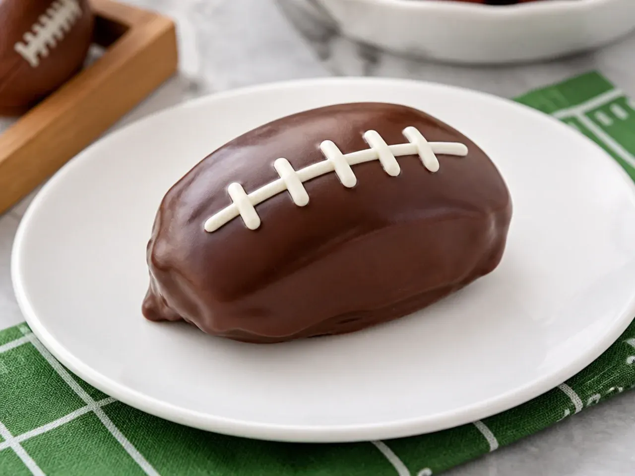 Easy no-bake chocolate cookie mini football cake dipped in chocolate with white laces
