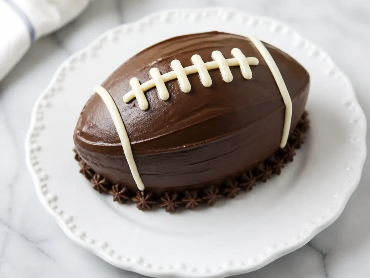 Elegant espresso-ganache mini football cake with fine off-white laces