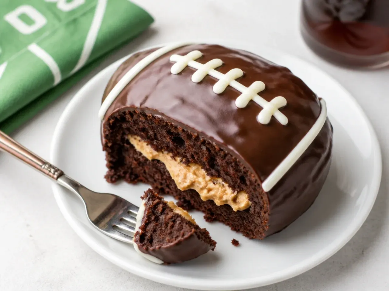 Playful peanut-butter-filled mini football cake with chocolate glaze and white laces