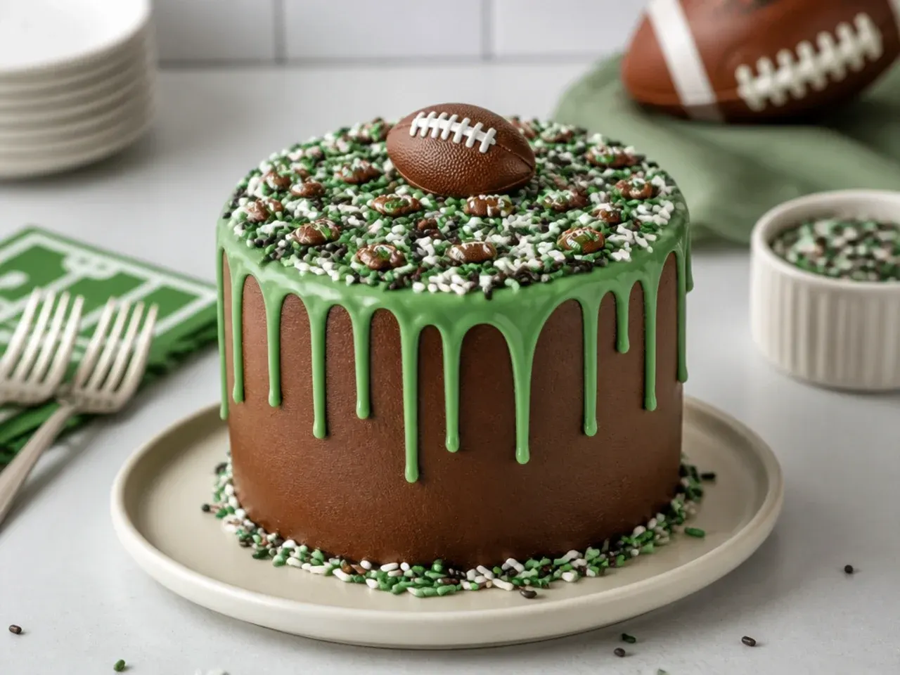 Modern drip-and-sprinkle confetti mini football cake with team-colored sprinkles