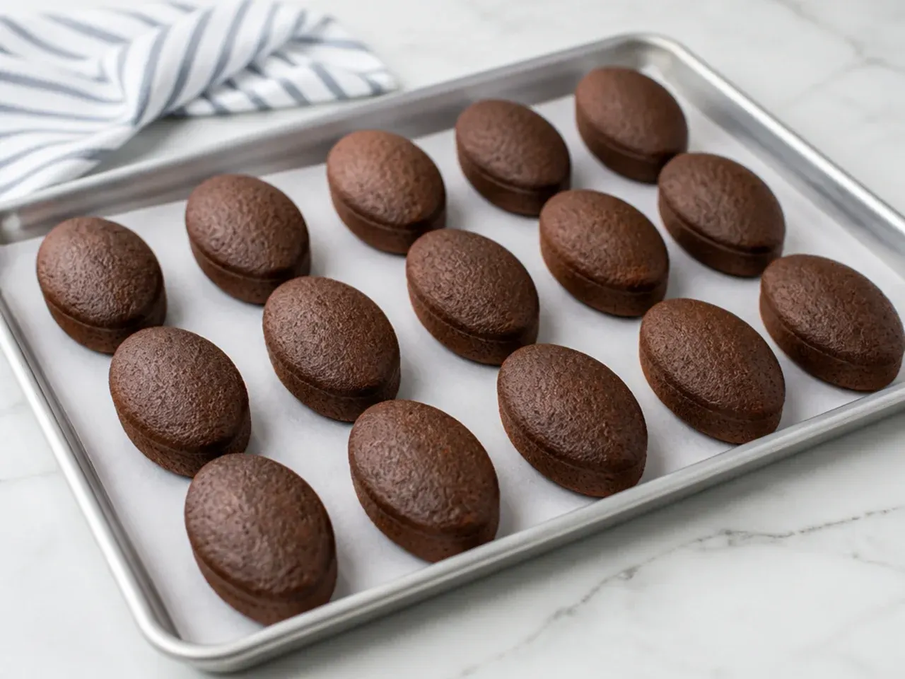 Tray of undecorated mini football cake ovals chilling before glazing and piping