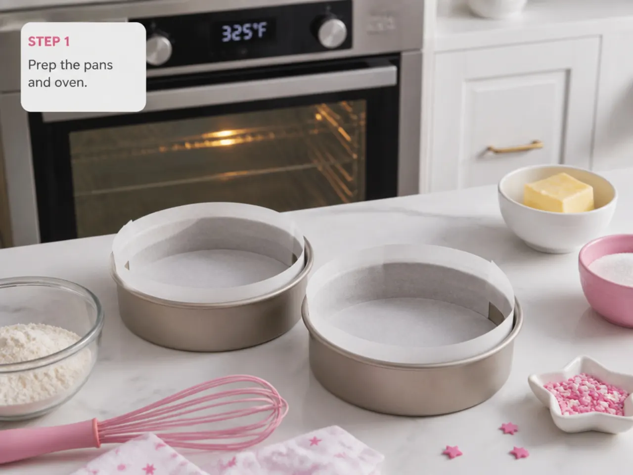 mini hello kitty cake — step 1: prep the pans and oven