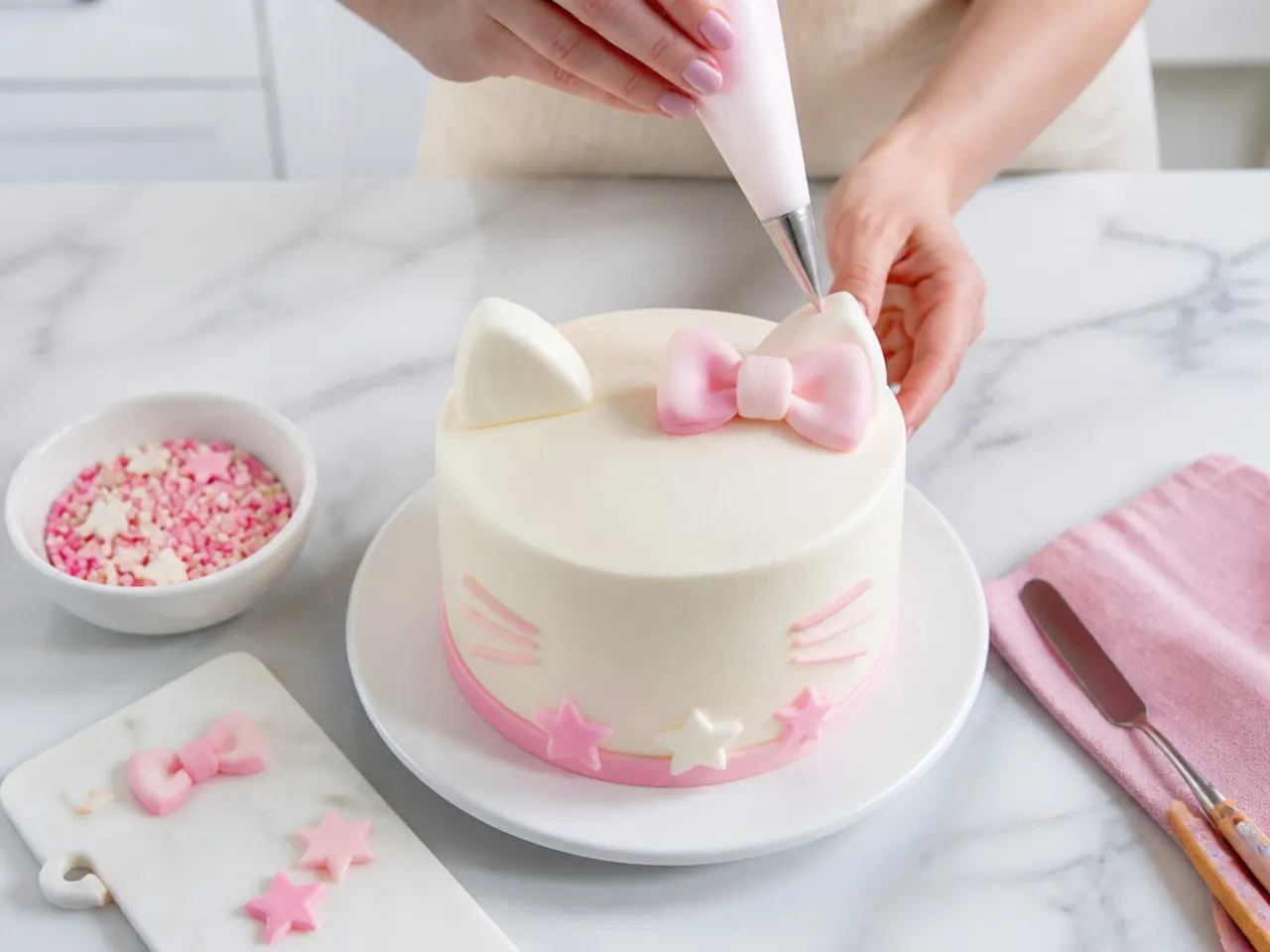 mini hello kitty cake — step 7: frost and decorate