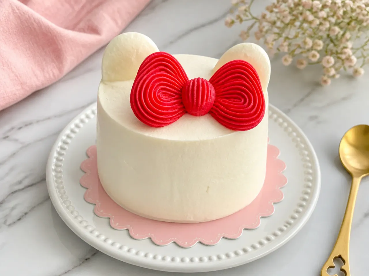 Classic mini Hello Kitty cake with smooth white buttercream and an oversized red piped bow