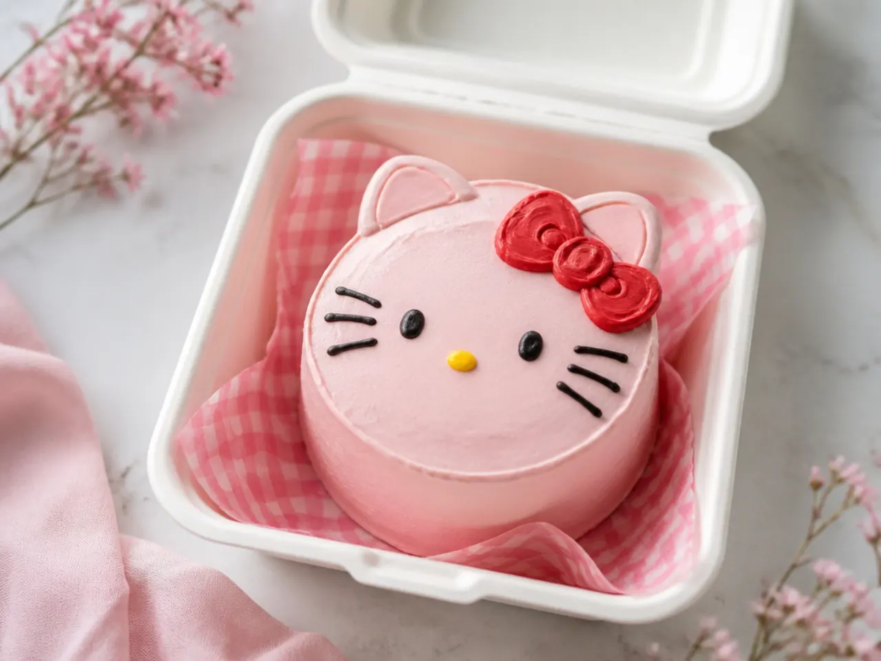 Easy Hello Kitty bento cake in a clamshell box with pale pink frosting and a piped red bow