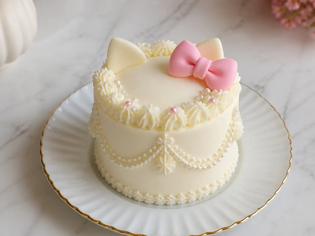 Elegant mini Hello Kitty-inspired cake with ivory buttercream, sugar pearls and piped lace