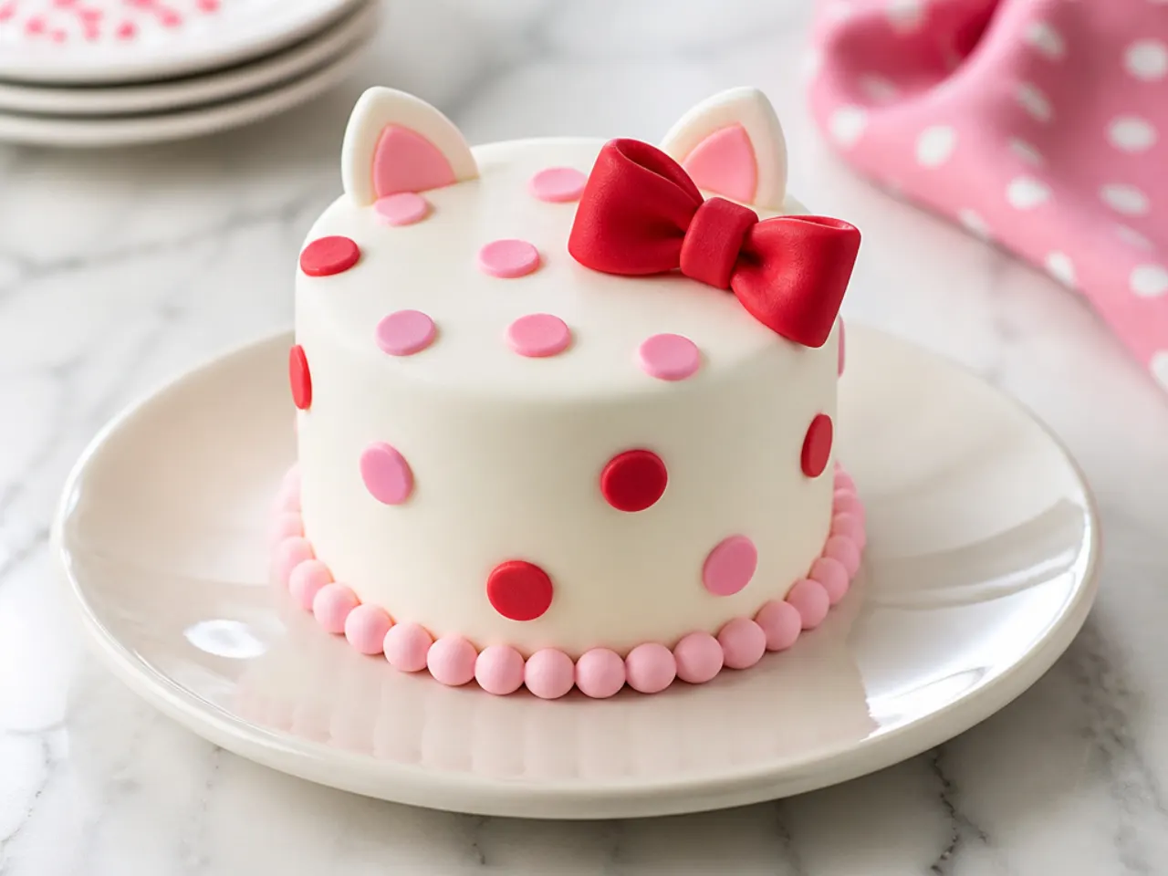 Playful mini Hello Kitty cake covered in pink and red fondant polka dots