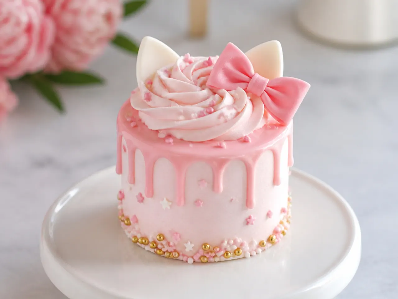 Modern mini Hello Kitty cake with a pastel pink white chocolate drip and piped swirl