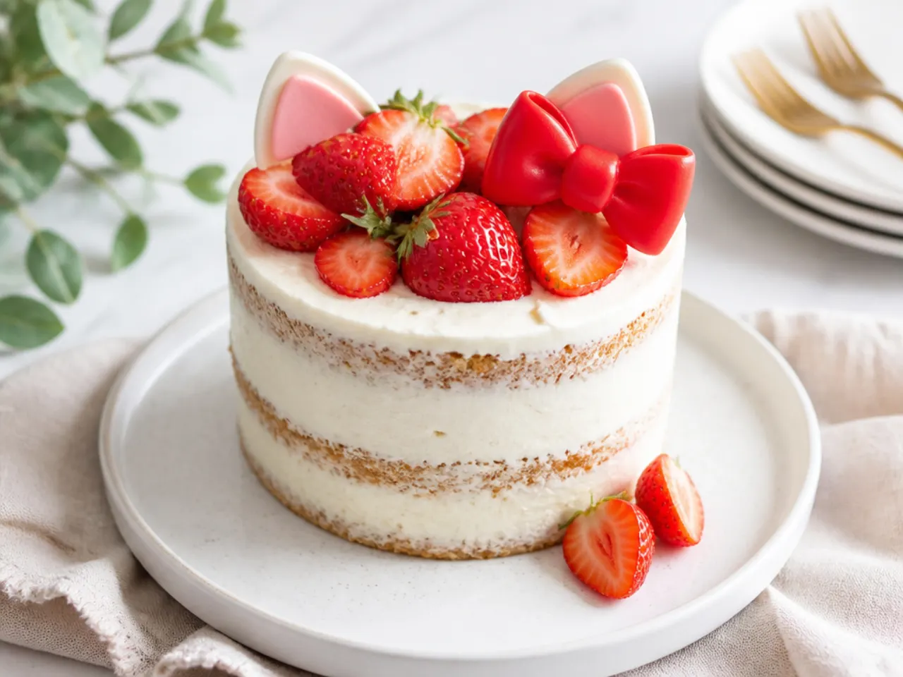 Rustic semi-naked mini Hello Kitty-inspired cake topped with fresh strawberries and a red bow