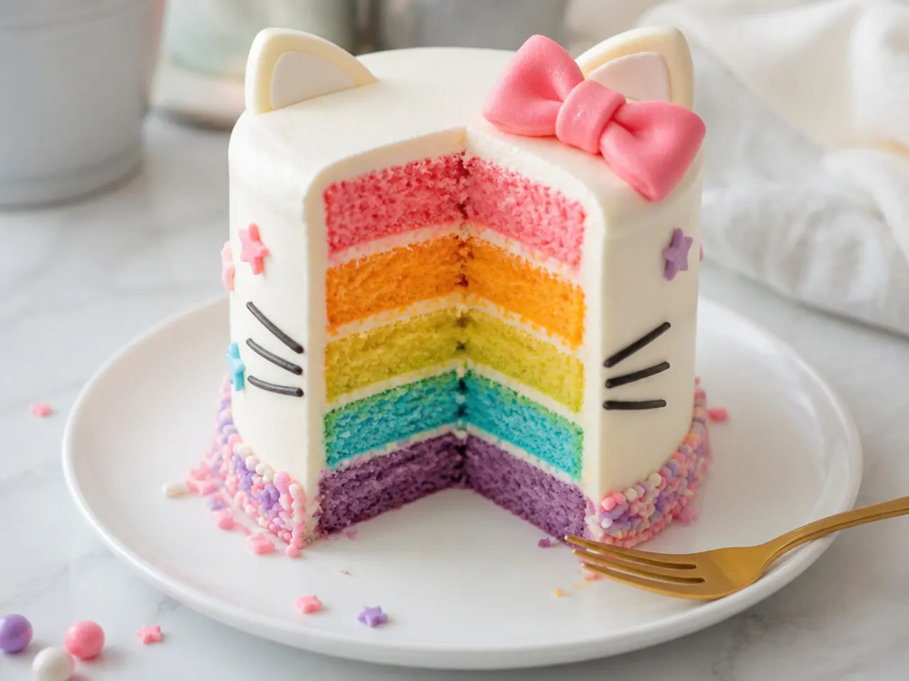 Colourful mini Hello Kitty cake sliced open to reveal rainbow surprise layers