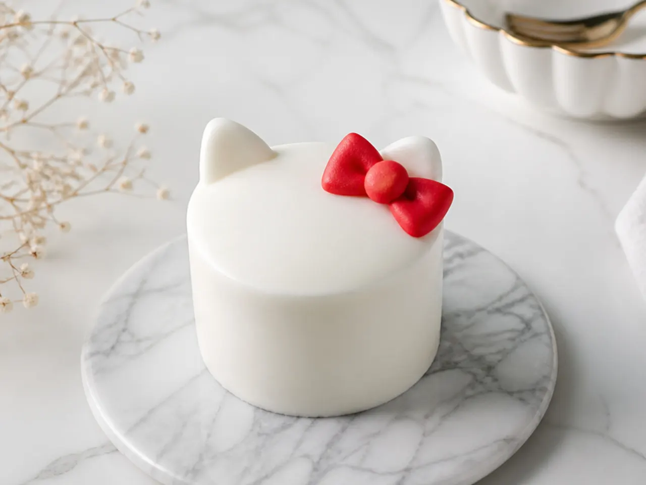 Minimal white mini Hello Kitty cake with a single small red fondant bow